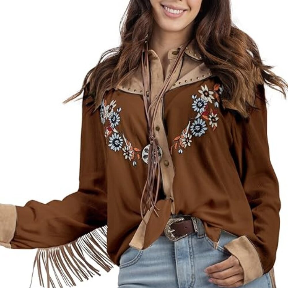JOHN MOON Women's Embroidered Western Long Sleeve Button Down Sz SM